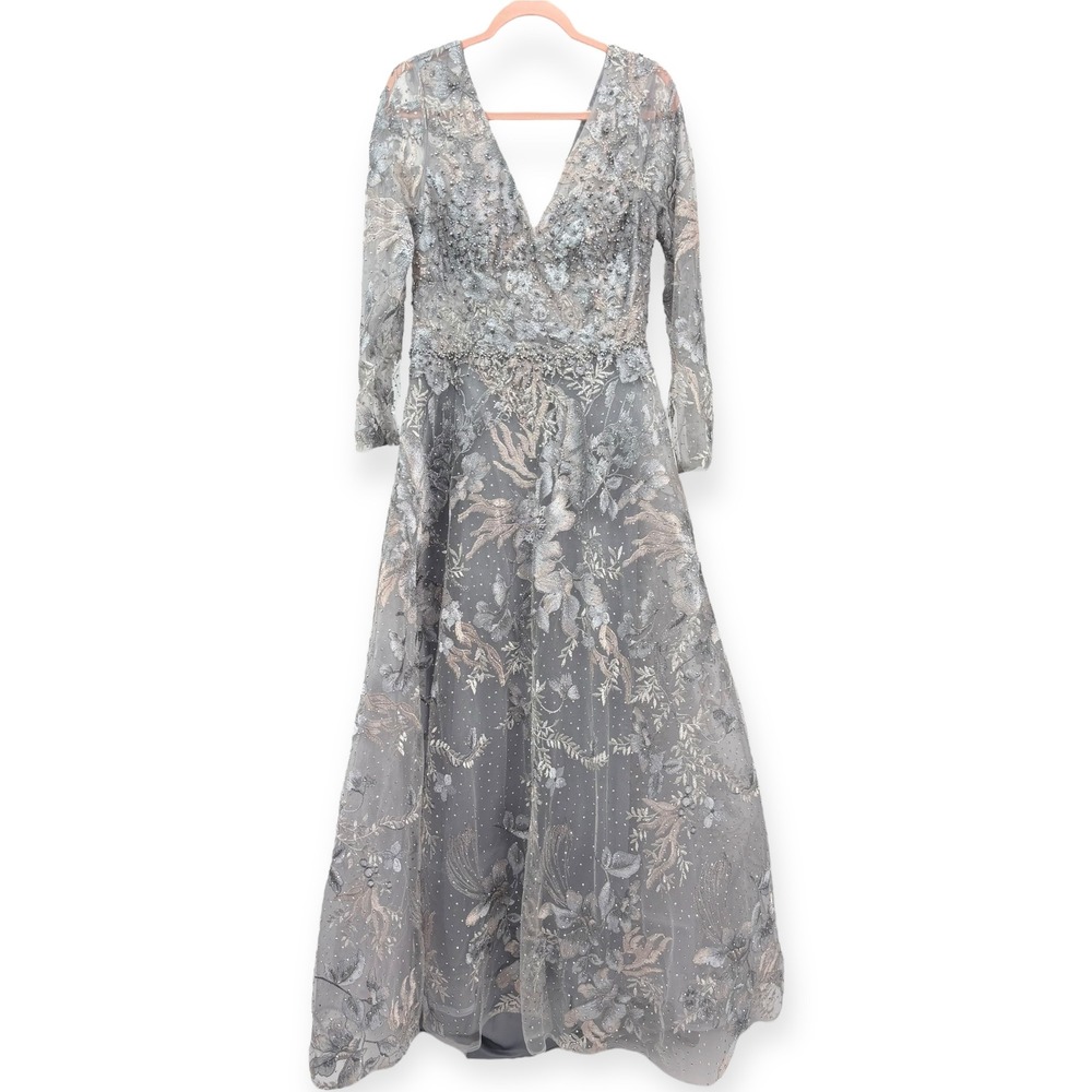 Mac Duggal NEW Gray Long Sleeve Beaded Applique Embroidered Gown $798 - Size 10‎ - Picture 3 of 14